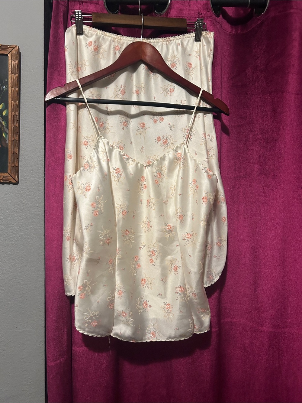 Cream Floral Satin Cami with Delicate Pink Motif